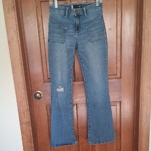 Kut From The Cloth Medium Blue High-Rise Flare Jeans with Patch Pockets